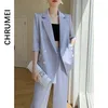 Kvinnors tvåstycksbyxor 2024 Summer Spring Women Solid Color Blazer Suits Loose Long Set Elegant Slim Office Wear Ladies Two-Piece Set M65