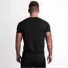 Camiseta masculina marca casual moda respirável masculino curto legal camiseta de fitness verão manga algodão com decote em v camiseta de malha