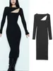 Casual Dresses Women's Elegant Black Dress Fashion Asymmetrical Split Design Lady Long Spring Autumn Vintage Sleeve Slim