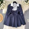 Work Dresses Black Preppy Style 3 Piece Set Women Autumn Blue Long Sleeve Blazers Coat White Shirt Tops And Pleated Mini Vest Dress Suit Y2k