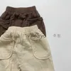 Pantolon 2023 Sonbahar Yeni Ldren Sıradan Pantolon Katı Kızlar Vintage Çizgili Pantolon Gevşek Çocuk Kıyafetleri Pamuk Bebek Erkek Harem Pantolon H240508