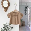 Kids Shirts 2023 Summer New Baby Girl Solid Puff Sleeve Shirts Cotton Infant Short Sleeve T Shirts Toddler Casual Lapel Shirts Kids Clothes H240508