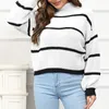 Women's Sweaters Fall Winter 2024 European And American Casual Striped Lantern Sleeves Half Turtleneck Knitted Sweater