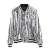 Giacche da donna Personalità della moda Paillettes Giacca da baseball Street Style Cappotto con zip Manica lunga Colletto alla coreana Autunno Donna Bomber con paillettes