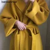 Maxmaras Casaco Cashmere Designer Manuela Top Quality Outono e Inverno Temperamento Gengibre Amarelo Flip Collar Bolso Gravata Cintura Longa Lã Mulheres