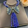 中世の新しい弓ビーズガラスネックレス贅沢誇張された青いラインストーンフリンジネックレスファッション女性宴会宝石