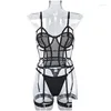 Bras Sets Y Erotic Lace Lingerie Set Bandage Grid See Through Porn Underwear Women 3 Piece Bra Thongs Outfits Sensual Drop Delivery Dhmac