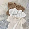Barnskjortor 2023 Sommarn New Baby Girl Solid Puff Sleeve Shirts Cotton Spädbarn Kort ärm T -skjortor Toddler Casual Lapel Shirts Kids Clothes H240508