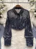 Kvinnor BLOUSES Women Spring Shirts High End Sequin Shirt Fashionable Layering Style Versatile Temperament Casual Long Sleeped Top D5810