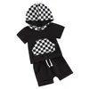 Set di abbigliamento Estate Bambino Neonato Vestiti Scacchiera Manica corta T-shirt con cappuccio Pantaloncini Set Abbigliamento casual