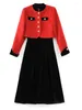 Women's Jackets Xiaoxiangfeng Set Autumn And Winter High Grade Red Short Coat Velvet Strap Dress Two Piece