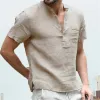 QNPQYX Nouveau T-shirt pour hommes Col en V design à simple boutonnage T-shirt pour hommes Mode décontractée Coton et lin Respirant Chemise de couleur unie Homme