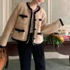 Damenjacken Rosa Tweed Kleiner Duft Frauenmantel Rundhalsausschnitt O Langarm Lässige koreanische Mode Basic Khaki Lady Steppjacke Winter