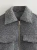 Damenjacken Frauen Tweed abgeschnitten Jacke 2024 Frau Langarm lässig grau Zip Oversize Streetwear weiche Mäntel
