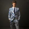 Men's Suits Blue Flame Trousers Suit 3D Digital Printing Party Stage Nightclub Shiny Cool Performance