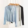 Women's Blouses Ice Silk Knitted Shirt Thin Style Outwear Sunscreen Cardigan Short Long Sleeve V-Neck Top