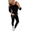 Calças femininas de duas peças outono mulheres casual treino manga longa gola redonda beading tops ternos moda feminina magro outfit