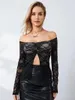 T-shirts Femmes Femmes S Sexy Hors de l'épaule Top Mesh Sheer Dentelle Crop See-Through Col Bateau Ouvert Avant Clubwear