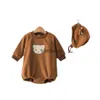 Rompers 2023 Winter New Baby Long Sleeve Fleece Bodysuit Cute Bear Newborn Infant Warm Clothes Boy Girl Plus Velvet Thick Jumpsuit + Hat H240508