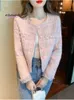 Jaqueta feminina outono inverno rosa tweed pequena fragrância casaco curto coreano moda avançada senso temperamento tops cardigan 240118