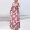 Mellanöstern Dubai Women New Leaf Printing Pleated Fashionable Muslim Dress Elegant Long Sleeves Turkiska långa klänningar Vestidos Musulmanes