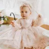 Robes de fille de fleur champagne manches longues perles à plusieurs niveaux robe de bal en tulle princesse robes de demoiselle d'honneur petits enfants 1er anniversaire fête fille et mère robe CF042