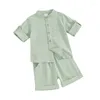 Kleidungssets Kleinkind Baby Jungen Sommer Outfit Baumwolle Leinen Kurzarm Button-Down-Hemd Elastische Taille Shorts Set Freizeitkleidung
