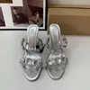 Sandals Shoes For Women 2024 Summer Metal Series Silver Stripe High Heels Round Toe Open Back Hollow Diamond