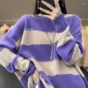 Women's Sweaters Striped Round Neck Long Sleeve Color Matching Cashmere Sweater Padded Loose Raglan Sleeves Pure Wool