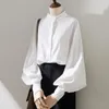 Women's Blouses Women Commute Top Elegant Stand Collar Cardigan Blouse With Lantern Sleeves For Formal Business Style Stand-up