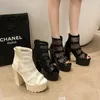 Sandals High Heels Gladiator Women Peep Toe Sexy Black Mesh Square Heel Platform Shoes 2024 Summer Womens Luxury Thick