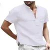 QNPQYX Nouveau T-shirt pour hommes Col en V design à simple boutonnage T-shirt pour hommes Mode décontractée Coton et lin Respirant Chemise de couleur unie Homme