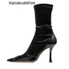 JC Jimmynessity Choo Style Punk High-quality New Buckle Elastic Boots Short Thin High Heel Pointed Toe Sexy Black Winter Pumps Womens Shoes Big Size