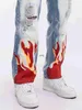 Men's Pants Jeans Men Street Hip Hop Flame Print Washed Wide Leg Straight New Style Loose Ripped Trendy Trousers Streetwearyolq