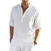 Men's Casual Shirts Cotton Linen Summer Thin Loose Blouse V Neck Long Sleeve Breathable Male Solid Color Tops