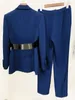 Женские брюки из двух предметов, женский темно-синий пиджак, брючные костюмы 2024, модный кожаный воротник с поясом, панк-костюм, комплект офисной одежды