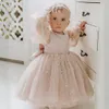 Robes de fille de fleur champagne manches longues perles à plusieurs niveaux robe de bal en tulle princesse robes de demoiselle d'honneur petits enfants 1er anniversaire fête fille et mère robe CF042