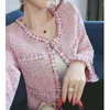 Vestes Femmes Vêtements Femmes Vêtements Col Rond Manches Longues Manteau De Laine Rose Tweed Veste Coréenne Mode Crop Tops Perles Vêtements D'extérieur Mujer