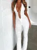 Women's Jumpsuits CHRONSTYLE Women Deep V-neck Halter Criss-Cross Lace-up Backless Rompers Off Shoulder Playsuits Long Flare Pants 2024