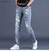 Herren Jeans Korea Version Herren Blue Jeans Hochwertige Slim Stretch JeansLight Luxus Print Jeans Stilvolle Sexy Street Jeans;L240119
