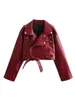 Women's Jackets 2024 Autumn Winter Cropped Red Faux Leather Short Jacket Women Elegant Long Sleeve PU Coat Fashion Office Lady