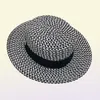 Highgrade Summer Black White Plaid Wide Brim Flat Top Boater Hat Spring Women Grass Braid Sun Hat Party Wedding Formal Cap8323653