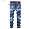 Jeans masculinos homens de alta qualidade novo estilo jeansSlim Straight Stretch Denim JeansBordado Patch Badge Rasgado Buraco Decorações Calças Jeans; L240119