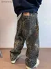 Мужские джинсы HOUZHOU Tan Leopard Jeans Мужские джинсовые брюки Мужские широкие брюки большого размера Уличная одежда Хип-хоп Винтажная одежда Свободная повседневная одеждаL240119