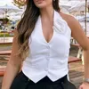 Tanques femininos colete tops y2k sem mangas blazer jaquetas casaco retalhos com botão recortado outwear branco ins sexy mulher halter