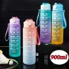 Garrafa de água esportiva 900ml, com marcador de tempo, resistente a altas temperaturas, arco-íris fosco, cor progressiva, garrafa de plástico sem bpa 0119