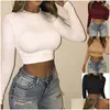 T-shirts Femmes Femmes T-shirt Femmes Y T-shirts courts Silm Fit Solide Couleur Crop Tops Automne Femme T-shirts de base Mode à manches longues