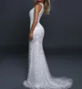 Modern Mermaid Wedding Dress Pearls Rhinestone Beaded Bridal Gowns Sleeveless Sequins Satin Sweep Floor Bride Dresses