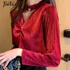 Blouses Femme Chemises Jielur printemps col en v chemises en velours mode chemisiers de couleur unie pour femmes chemise à manches longues bureau dame kaki rouge bleu haut S-2XL YQ240119