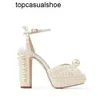 JC Jimmynessity Choo Sacora Bridal Elegant Warid Robe Shoes High Quality Lady Sandals Pearls Leather Marques de luxe High Heels Femmes Walking Robe Night With Bo